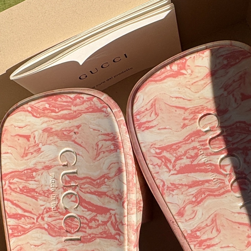 Gucci Coral Pink Logo Slides Sandals Platform Marble Size 9 Summer Rare - Picture 2 of 12